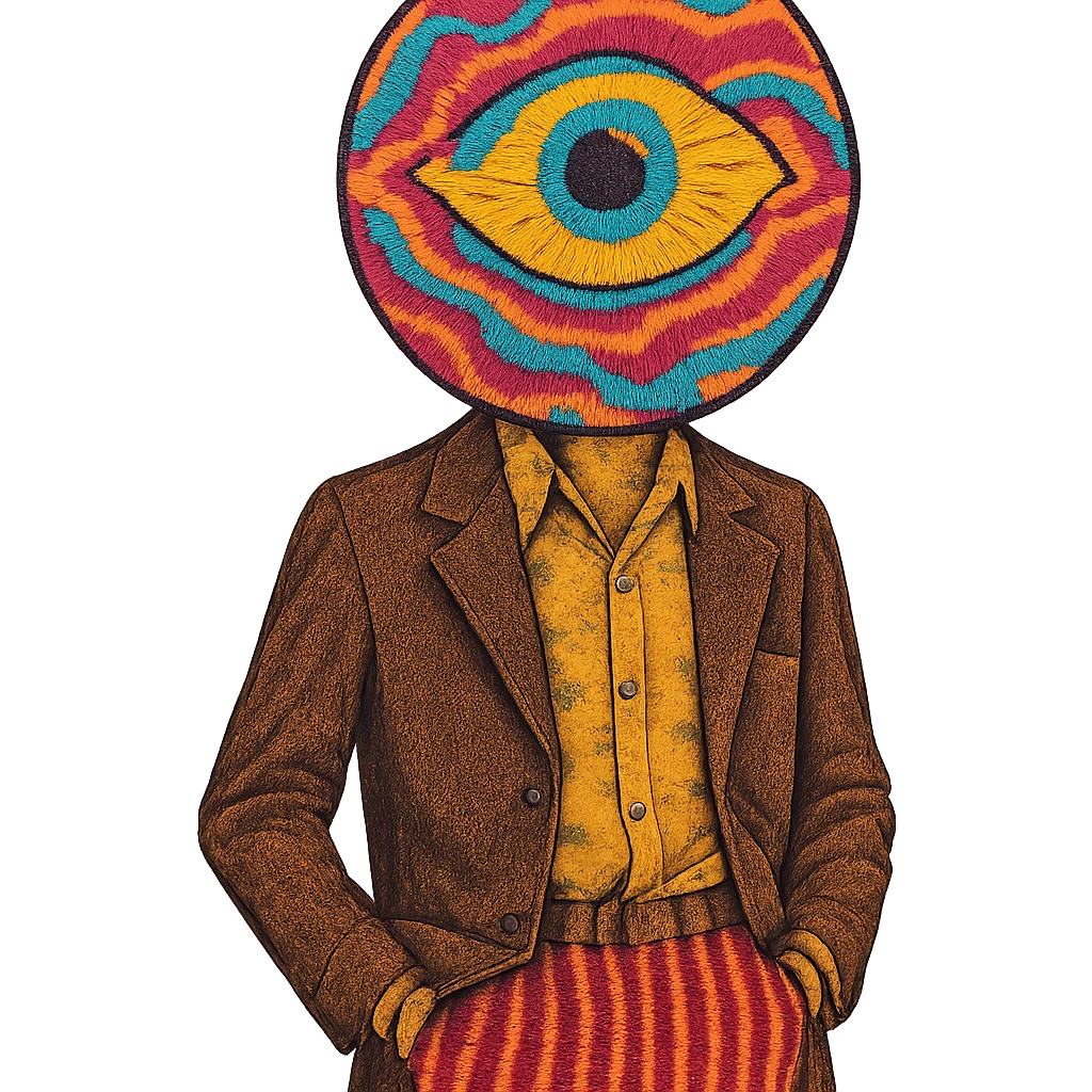 a person in vintage style, head replaced by a large colorful psychedelic eye, no facial features, 1970s fashion emoji