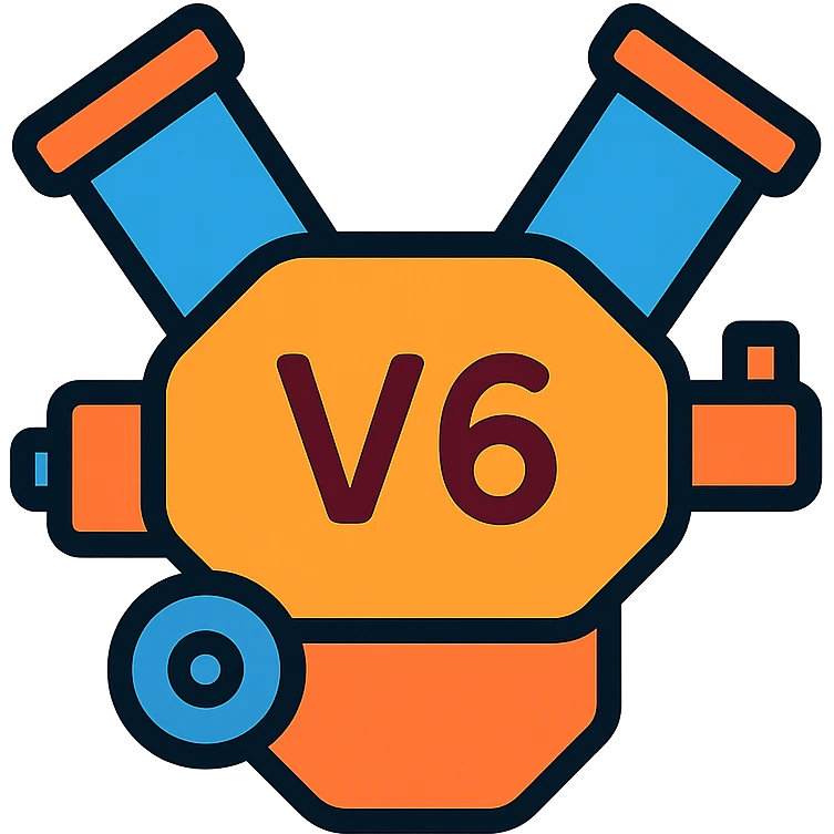 stylized 6-cylinder engine with 'V6' label, modern icon style, no background, minimalistic and clear emoji