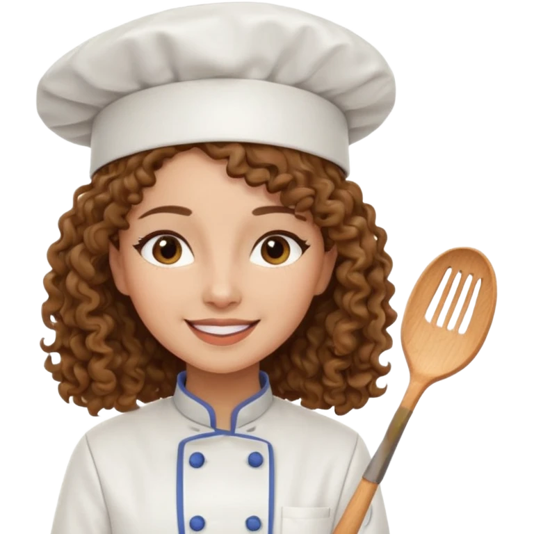 Long curly hair, happy, wearing chef uniform and chef hat emoji