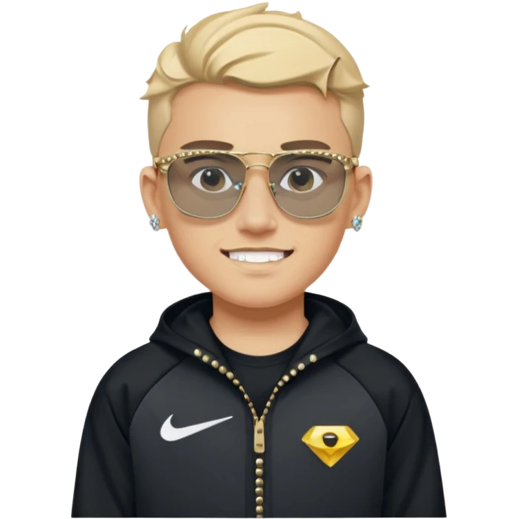 un emoji de un chico emcapuchado blanco, dientes de oro, com uma chaqueta negra nike tech y unas gafas de oakley, con pendientes de diamante, que las gafas sean estilo cuadradas, los pendientes q no se cuelguen, que sean redondos, en las dos cejas un corte, que las gafas no sean circulares emoji