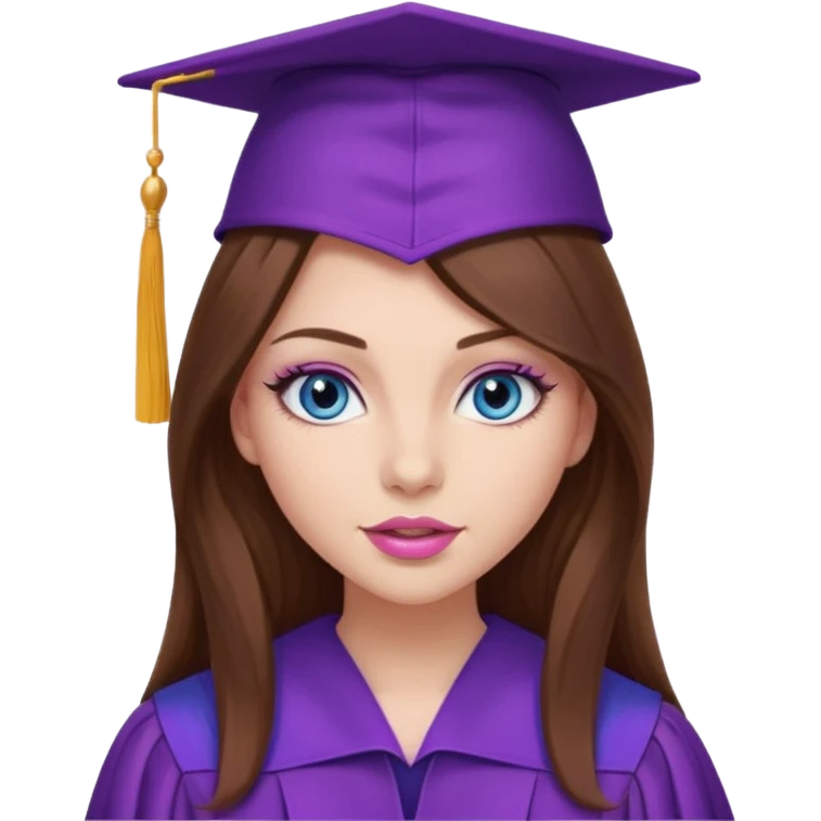 girl with gorgeous long brown hair, blue eyes, long lashes makeup, sexy pink lips, wearing a purple graduation cap and gown emoji