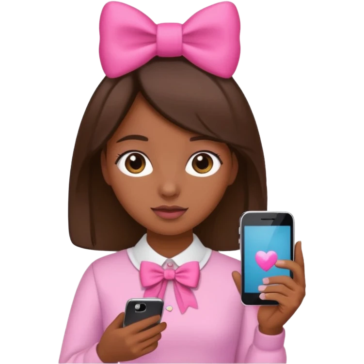 Girl with phone brown skin pink bow emoji