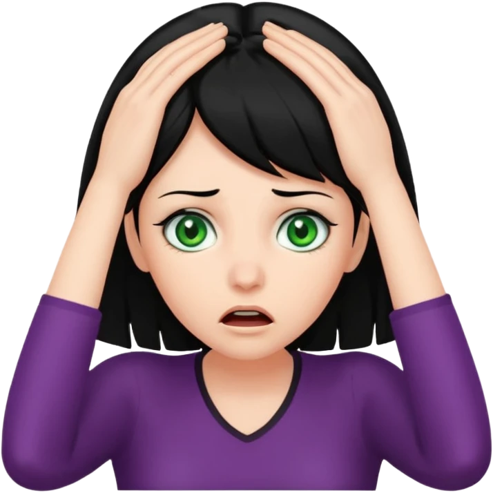 A realistic waist-up portrait of a frightened woman with her hands on her head, black hair and green eyes emoji