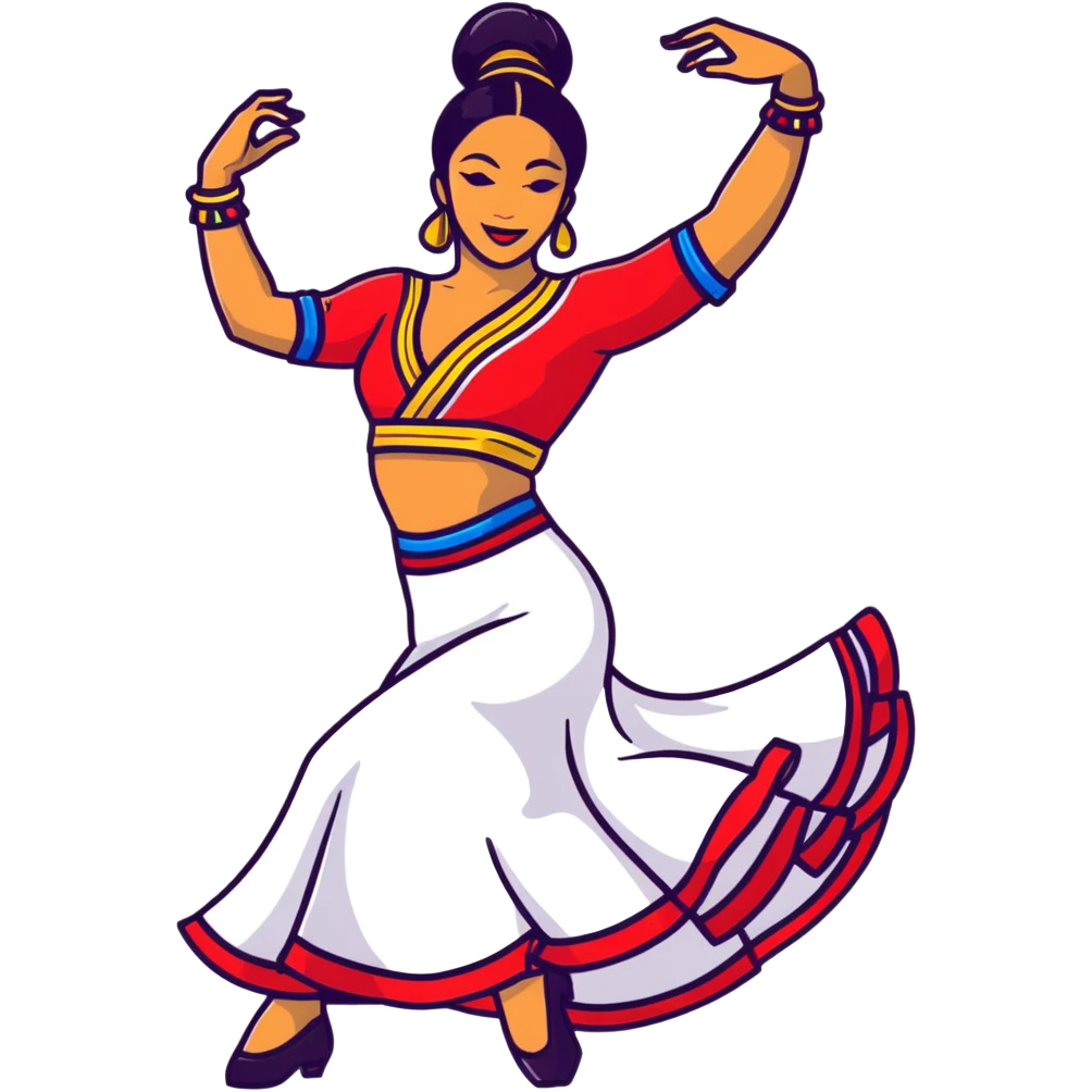 Colombian salsa dancer with vibrant traditional outfit, energetic pose, colorful flowing dress emoji