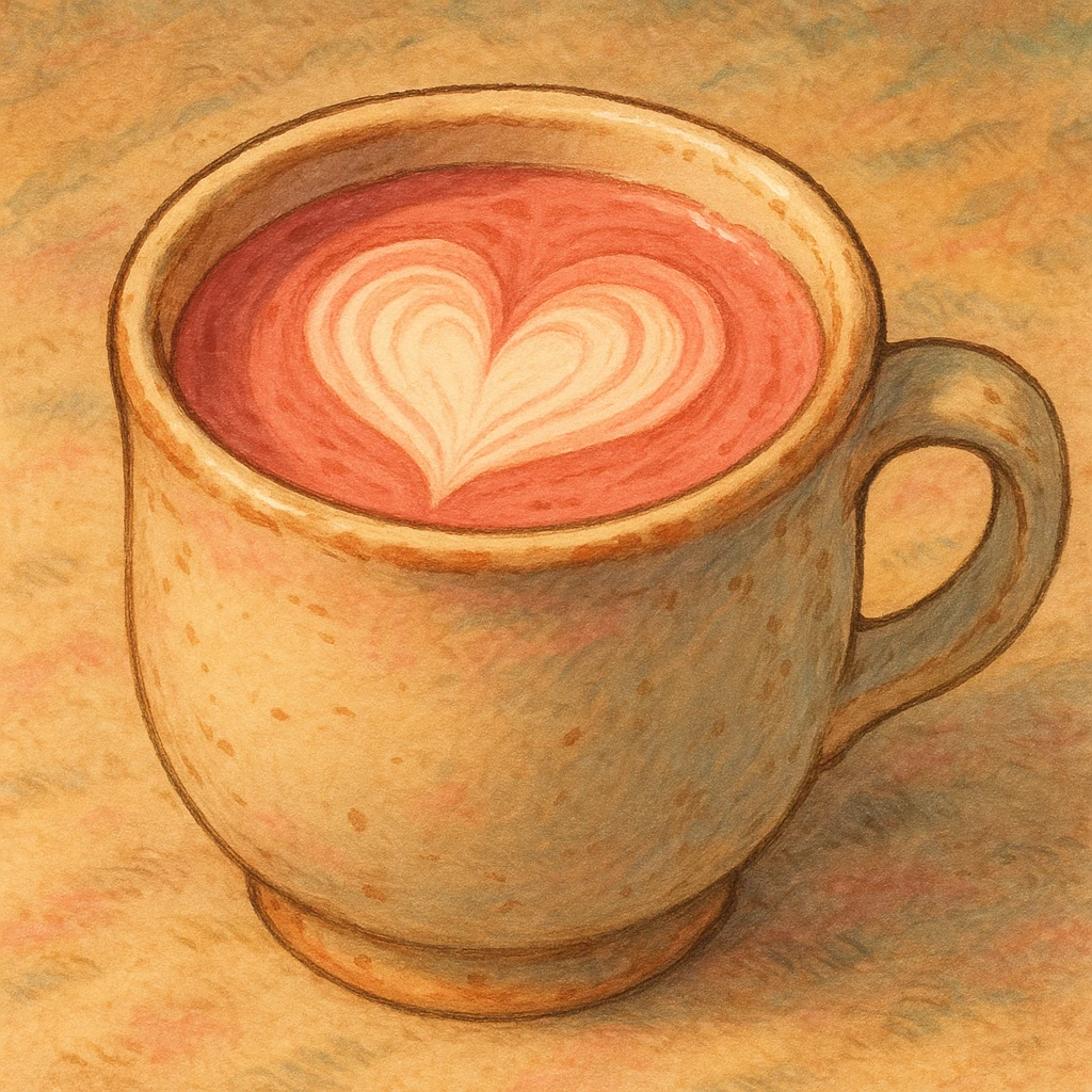 a pink mocha in a cozy mug with heart latte art, cute and inviting, in Ghibli style emoji