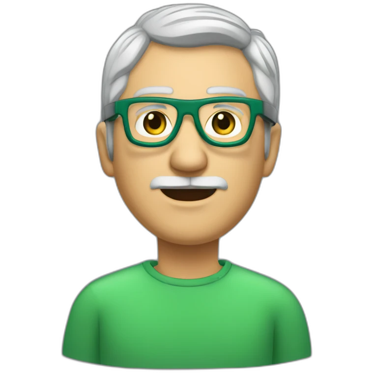 50 year old caucasianman with very short stubbled gray hair, wearing puma glasses with a green rim having a three days' stubbled beard emoji