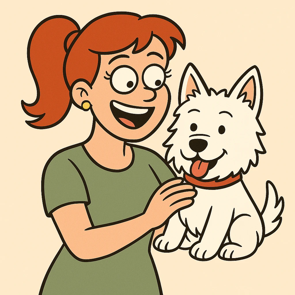 Change the woman's hairstyle to a ponytail, keep the cartoon style and cheerful atmosphere with the Westie dog. emoji