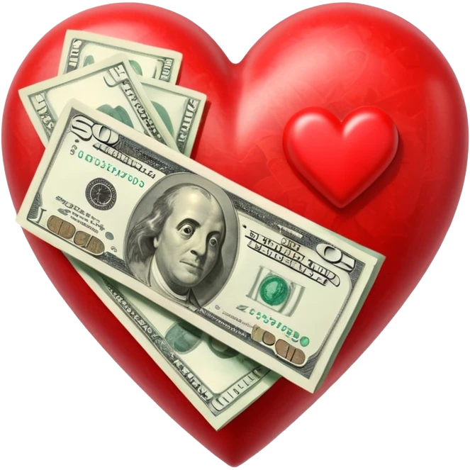 "Realistic HD red heart fused with money, cash integrated into the heart, glossy texture, clean white background." emoji