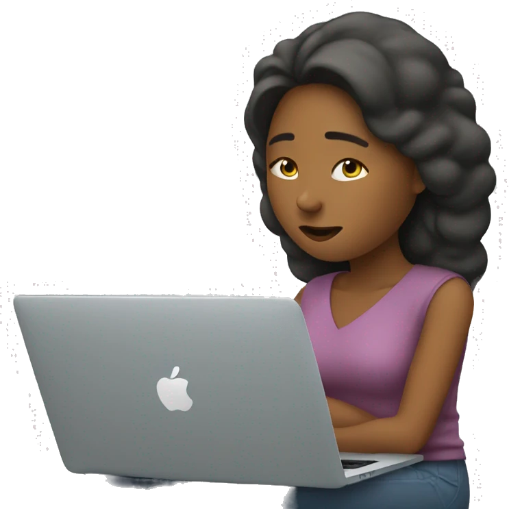 A woman thinking while looking at her MacBook emoji