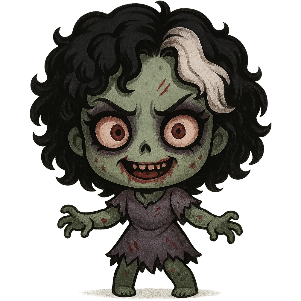 chibi-style zombie girl, black curly hair, white streak, creepy expression, makeup emoji