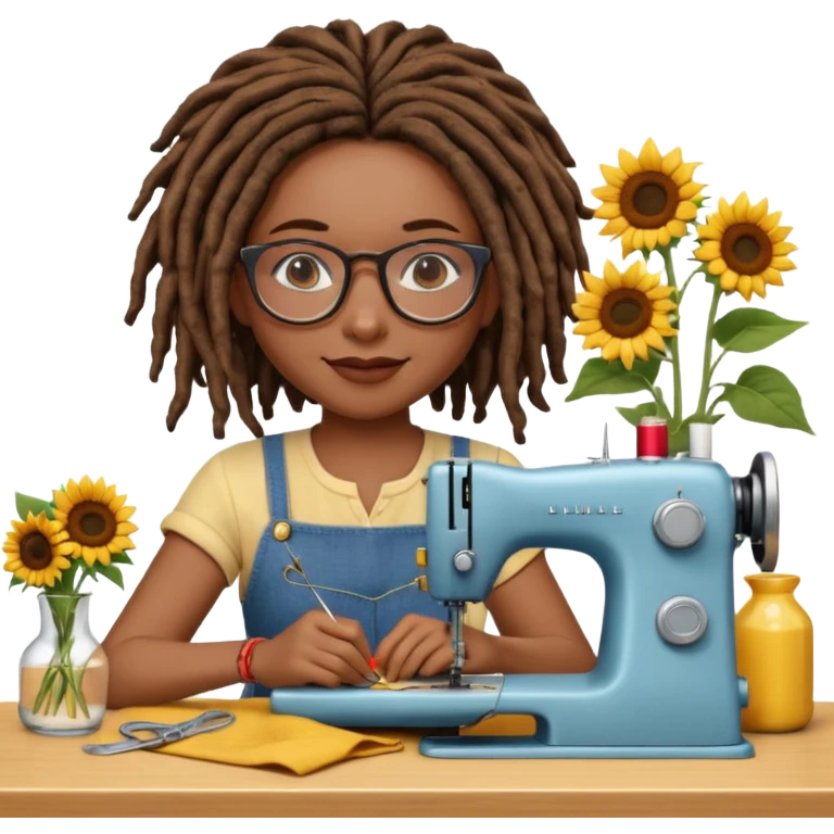 A beautiful African American girl, flawless medium skin tone, glasses, slightly rosey cheeks, natural chin length dread locks, sitting with her sewing machine, and a vase of sunflowers, slightly grinning as she sews, still life, 3D render, colorful highly detailed, 4k, no emoji icons, no emoji faces emoji