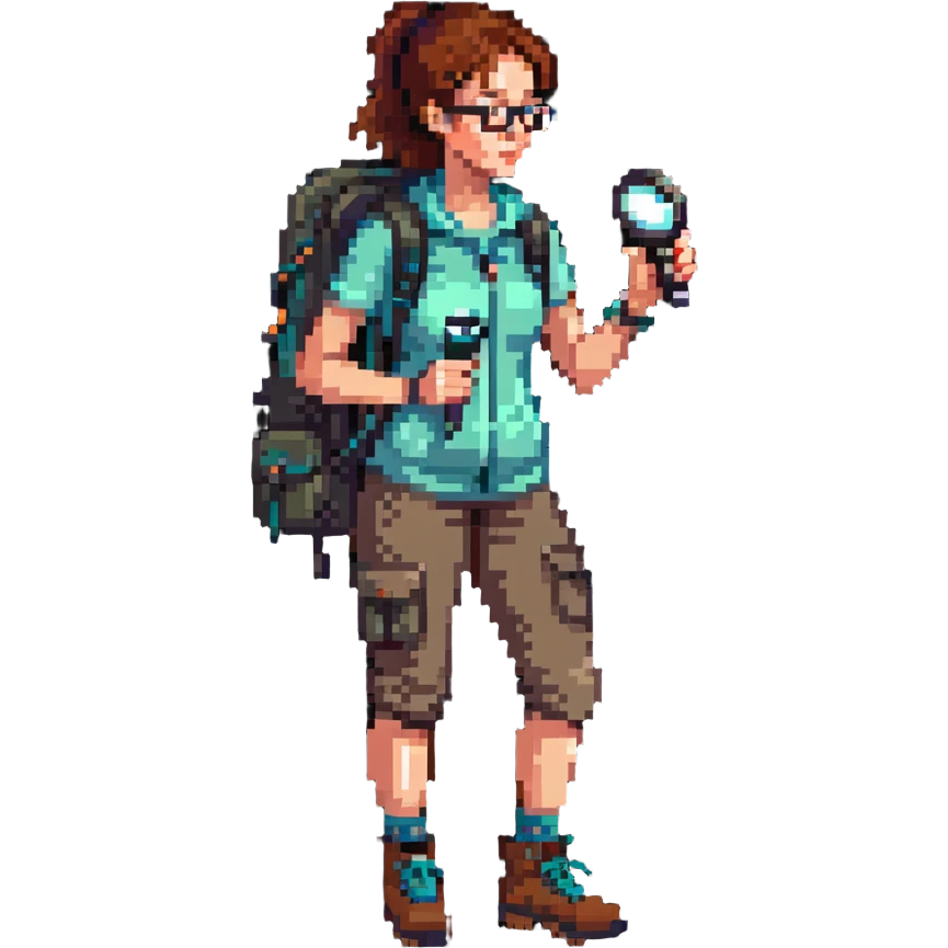 Very happy excited woman in her 40s with glasses wearing sporty outfit, hiking boots, and backpack, holding a magnifying glass emoji