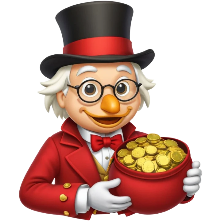 A detailed emoji of Scrooge McDuck, wearing his iconic top hat, round glasses, and red coat, holding a bag of gold coins, with a mischievous grin, in a cartoonish and vibrant style. emoji