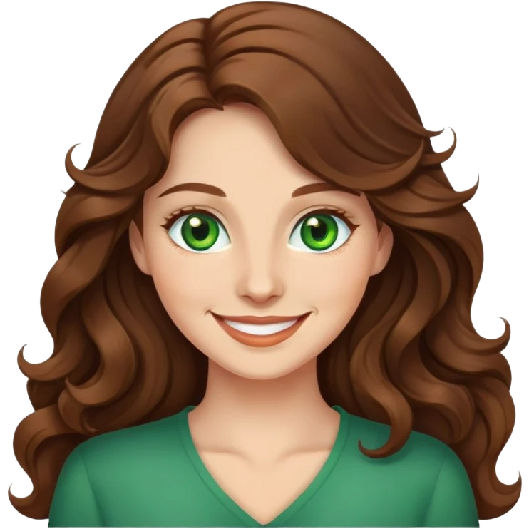 Woman with long wavy brown hair and green eyes smiling  emoji