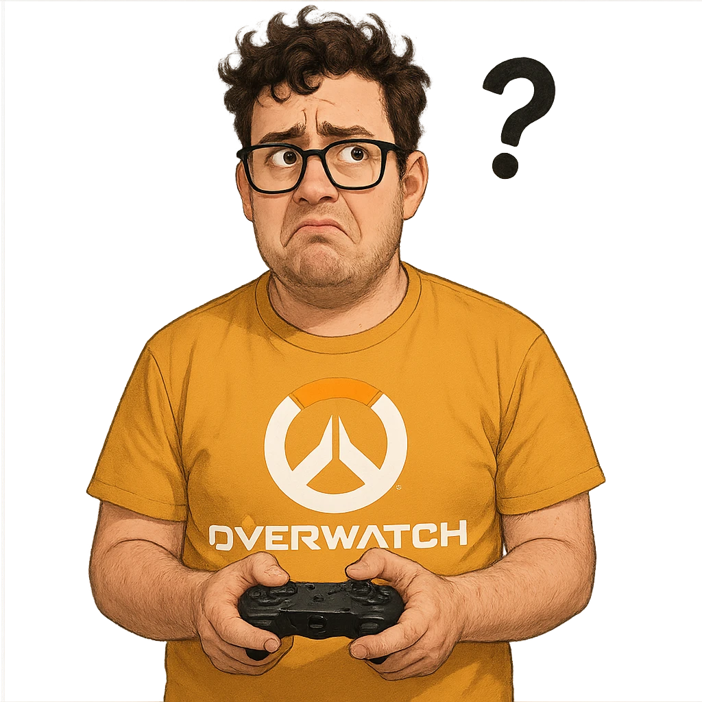 a playful Overwatch fan who rarely plays, holding a controller but looking confused emoji