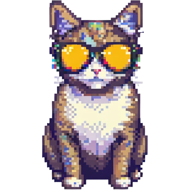 cat wearing sunglasses, retro and fun, pixel art style emoji