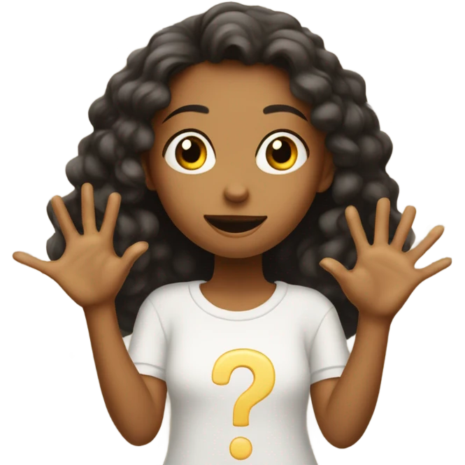 young girl with hands extended outward, surrounded by floating question marks emoji