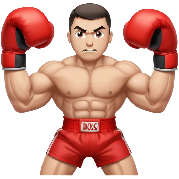 A cartoon-style train with muscular arms wearing red boxing gloves, aggressive fighting stance, determined expression. emoji