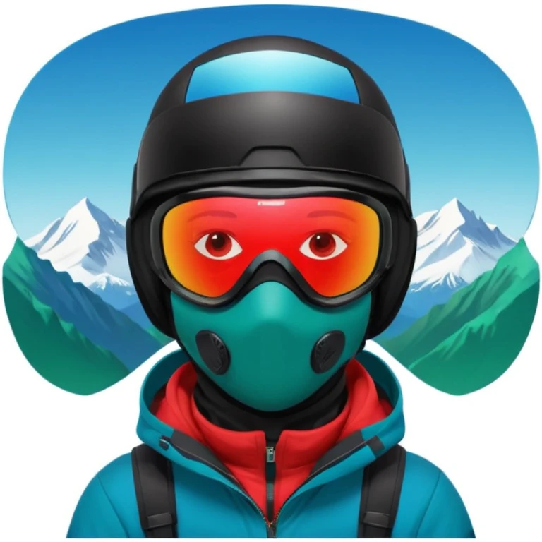 портрет головы сноубордиста в черном шлеме, зеркальной маске, в отражении маски снежные горы, черной балаклаве закрытым лицом, красной куртке, насыщенным сине-голубым однотонным фоном. emoji