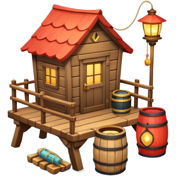 
fisherman house on a wooden pier, small dock, fishing nets hanging, barrels, lantern, ocean vibe, 3D cartoon, cute mobile game icon, clean background, no text
 emoji