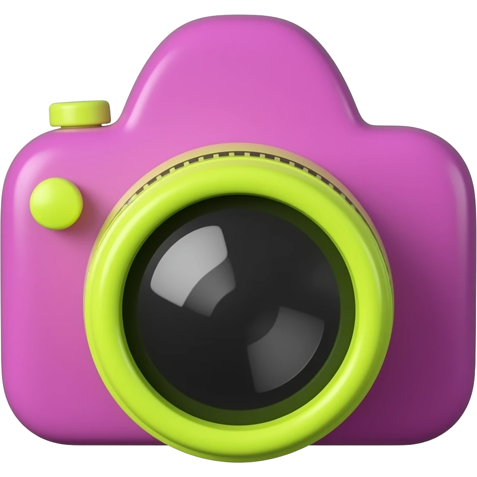 Glossy 3D rendered camera emoji, front-facing, detailed lens barrel and film reels, slightly rounded edges, highly saturated deep magenta (#B4018C) body, vivid neon yellow (#FFF200) lens and accents, no muted tones, soft shading, white background emoji