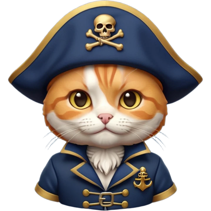 Premium 3D emoji icon of a cute ginger cat pirate, wearing a **deep navy blue** velvet pirate hat with a silver skull icon, and a black and gold captain's jacket. Glossy finish, claymorphism style, soft studio lighting, isolated on white background, 8k resolution, stylized professional look --v 6.0 emoji