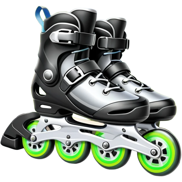 An icon showing a close-up of inline rollerblades resting on smooth asphalt in a park. The background features trees, grass, and a clear sky, with the vibrant green landscape creating a serene outdoor vibe. The skates' wheels are highlighted against the pavement. Transparent background  emoji
