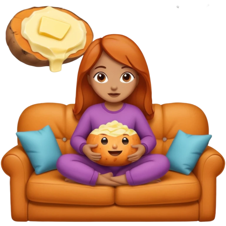 Female personified sweet potato with butter sitting on a couch very cozy watching tv  emoji