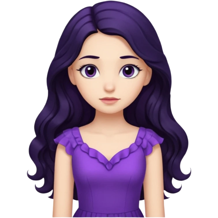 دخترکی با مو های بلند و مشکی موج دار مژه های بلند با لباس بنفش و حالت متفکر emoji