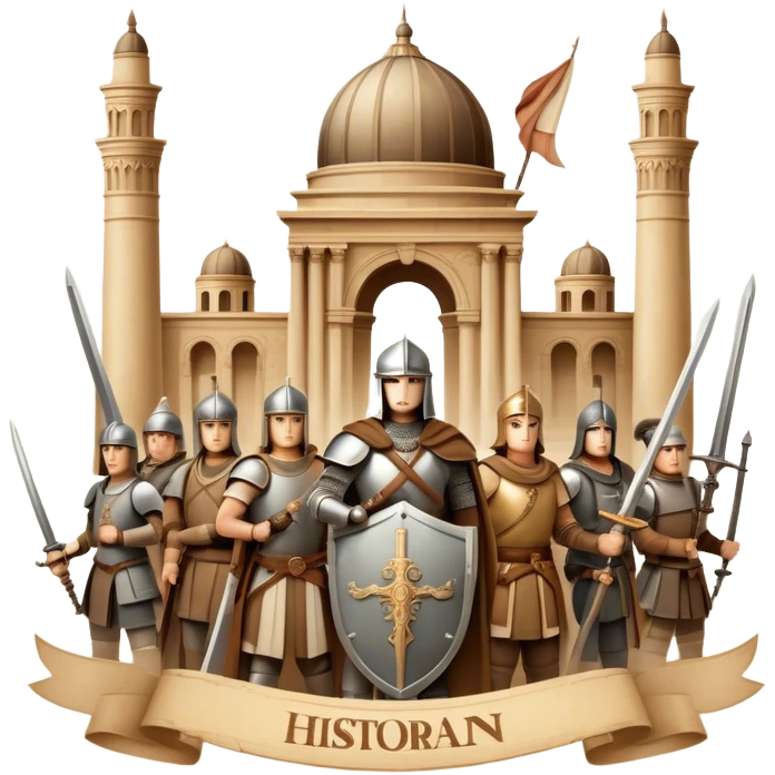 Icon for Historical Movies: A vintage movie poster-style design with elements of ancient architecture, historical figures in period costumes, and a backdrop of a historical event or battle. Include scrolls, swords, and shields. Retro cinematic feel. Transparent background. emoji
