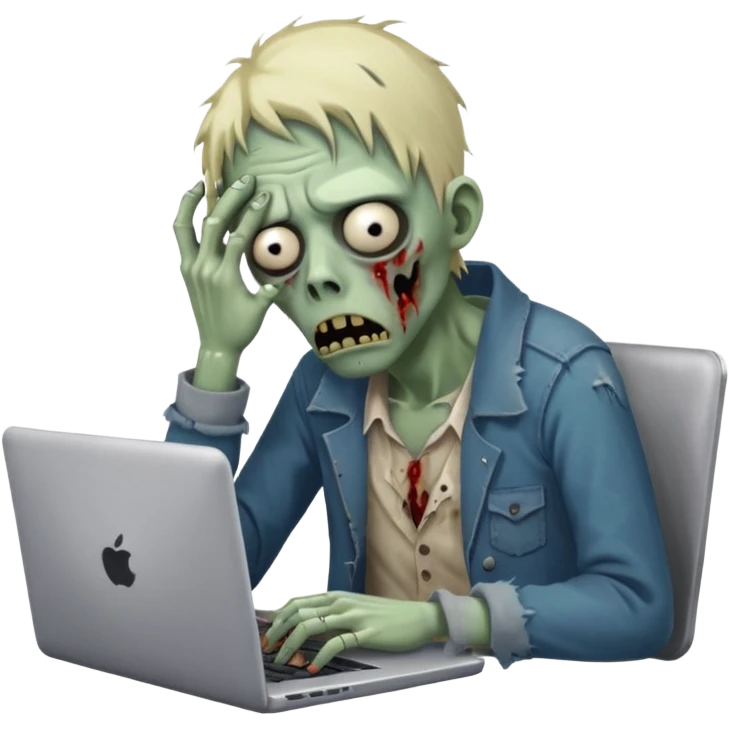 A tired sad zombie behind a laptop emoji