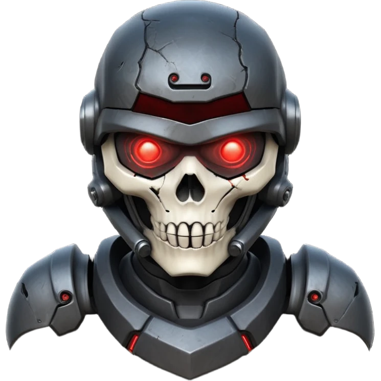 futuristic war robot portrait, head and shoulders only, skull-inspired helmet, glowing red eyes, cracked metal face, dark armor collar, battle scars, dramatic lighting, 3D cartoon, mobile game icon style, clean background, no text, no watermark
 emoji