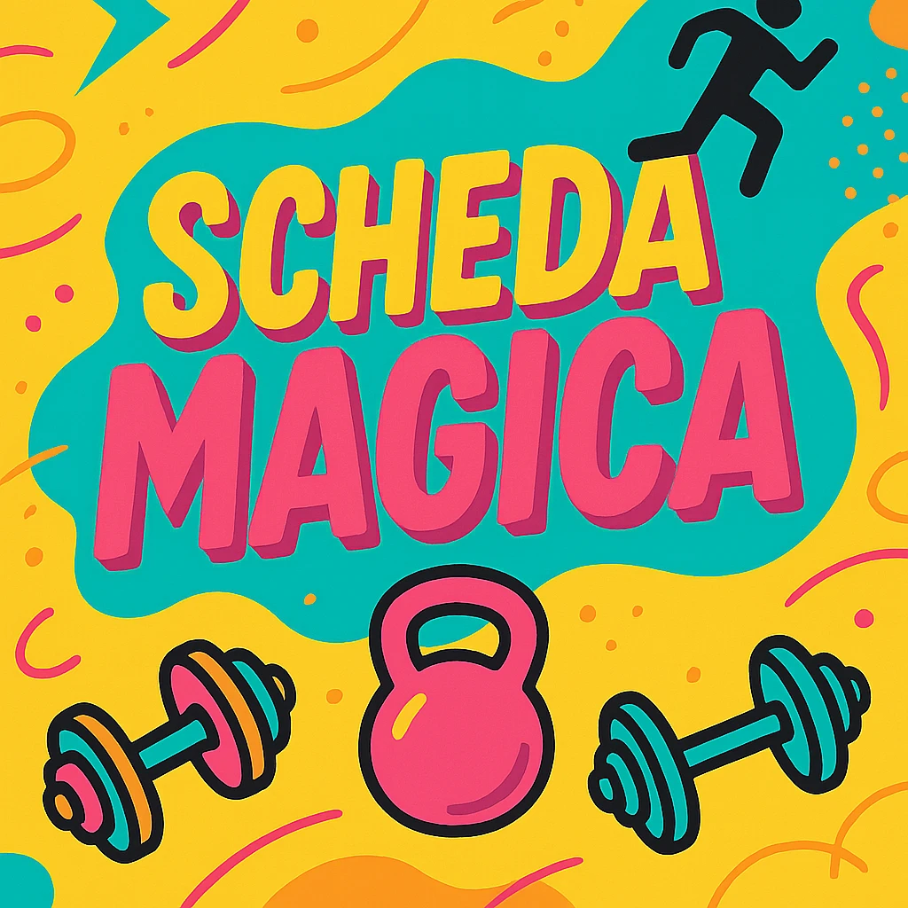 creative dynamic gym workout plan card with the text 'scheda magica', bright colors, catchy font, sports graphic elements emoji