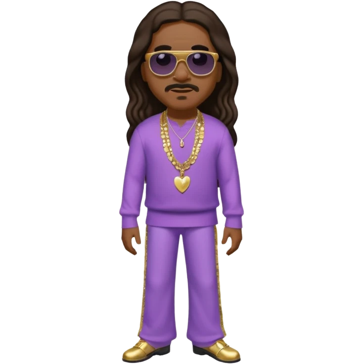Stevie Wonder with long dark brown hair, lilac sequin baggy pants, shirtless with necklace emoji