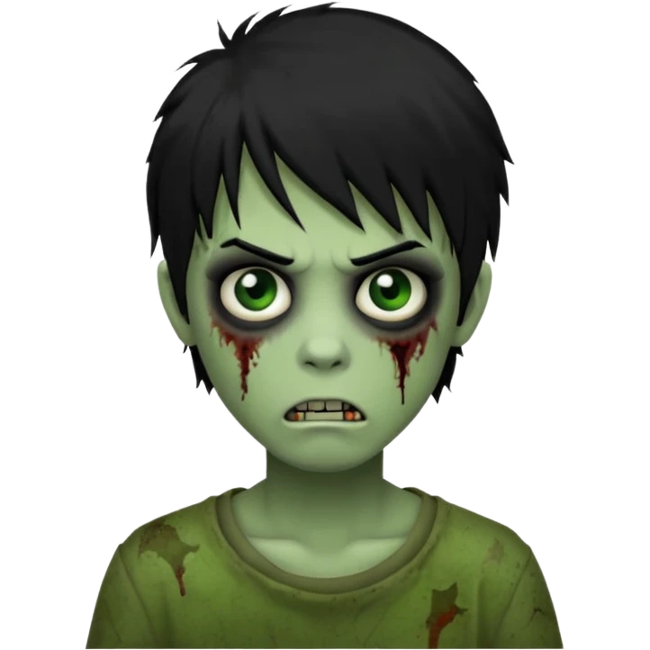 Boy, zombie, black hair, medium long, emo, shaggy, dark, spooky, creepy expression, green skin emoji