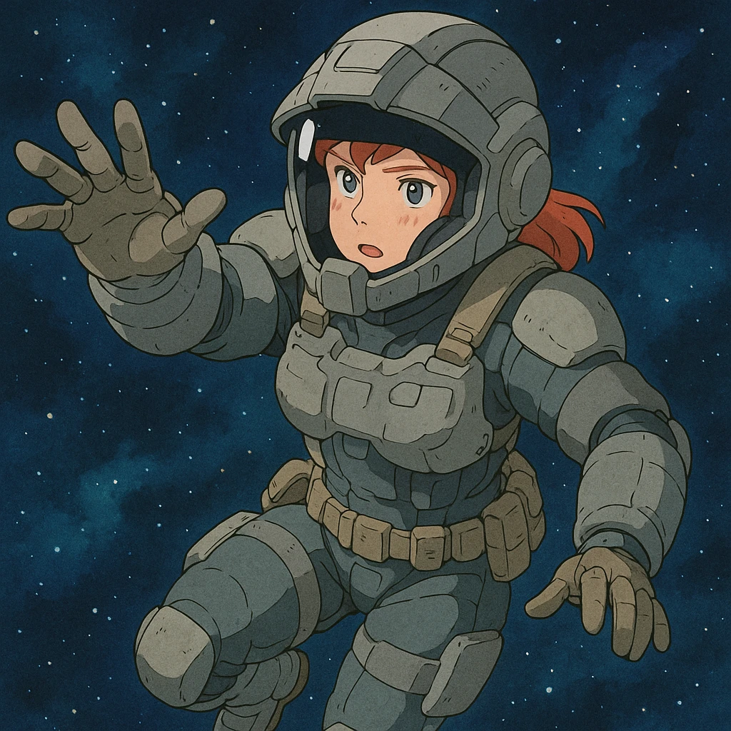female space warrior in a strengthened helmet with a black visor, tactical armor, floating in zero gravity, reaching forward, EVA operation, in Ghibli style emoji
