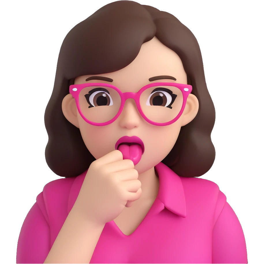 brunette with pink glasses biting fist in mouth emoji