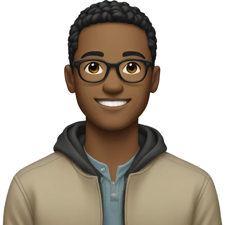 20-year-old young man, smiling, with beige jacket, circular glasses, short black hair emoji