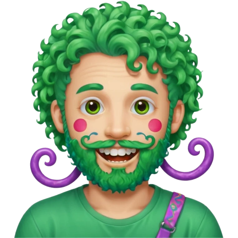 very colorful puffy green curly haired man just beard  no mustache made out of candy wearing teeth-braces and excessive face tattoos just face  emoji