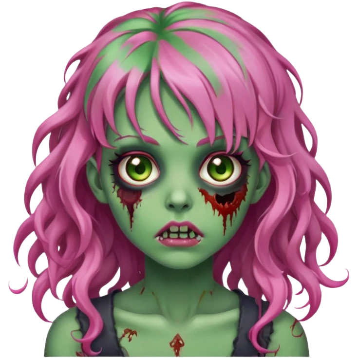 Zombie girl with green skin bangs long curl pink hair and hazel eyes  emoji