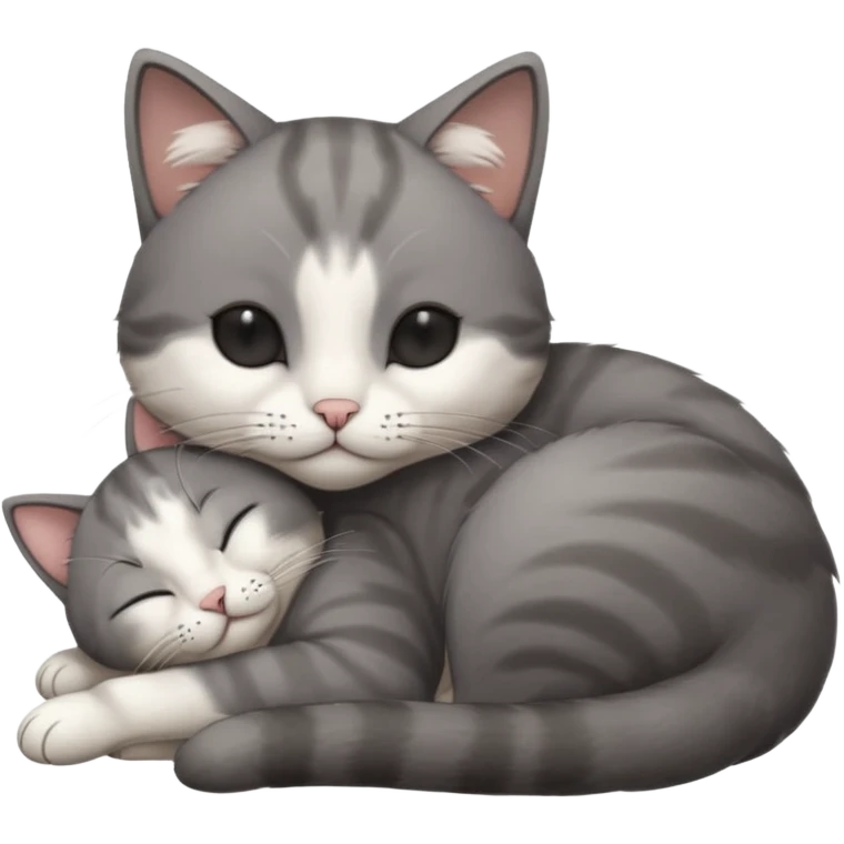 dark grey and white small cat with his eyes closed leaning his head on his paw while leaning on his elbow lying down emoji