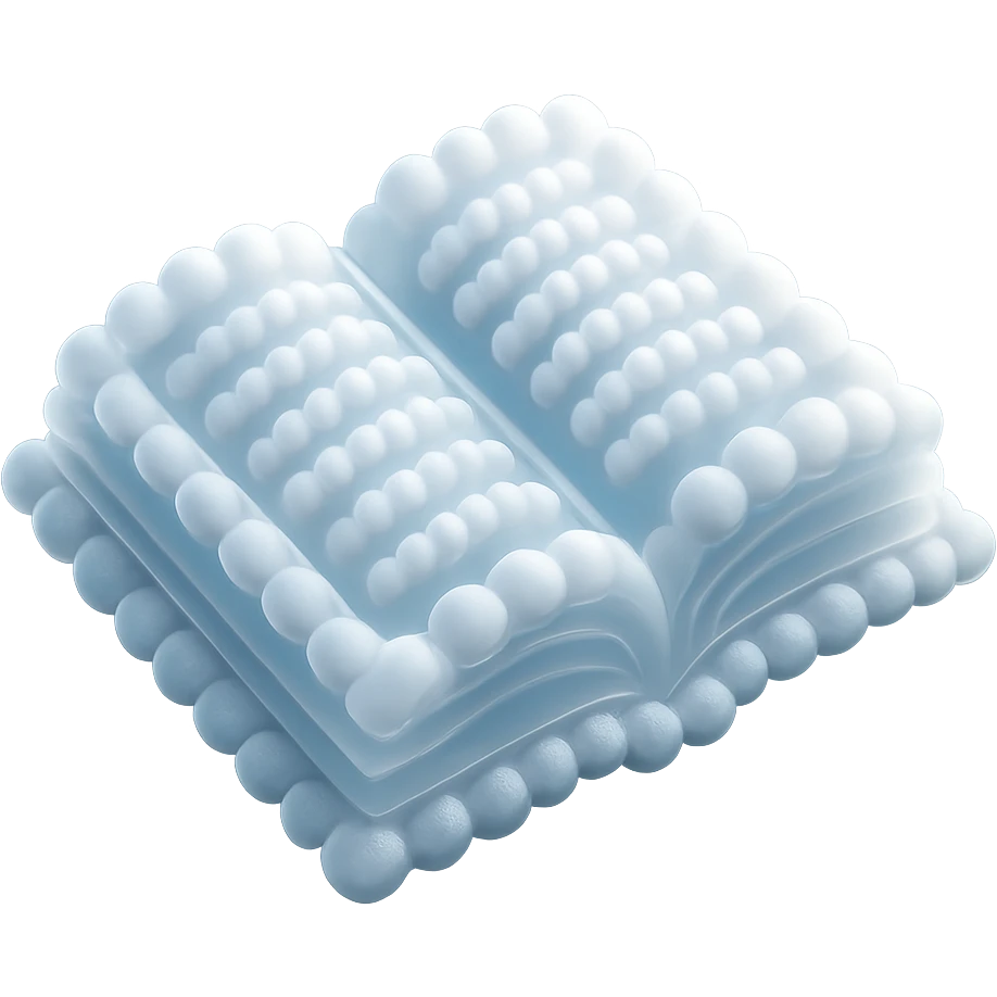 top view of a thick open book made entirely of small, very bright white fluffy convex clouds, matte glass style emoji
