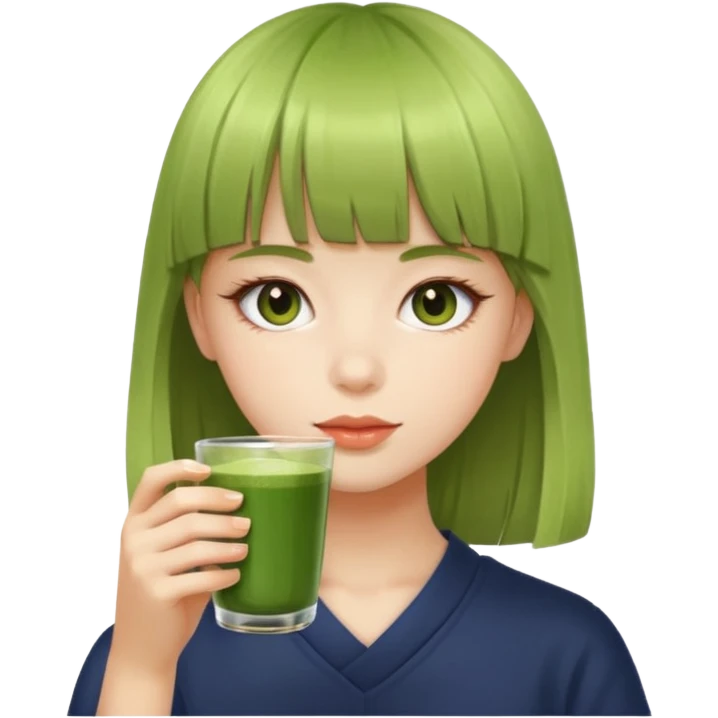 a girl with bangs drinking matcha emoji