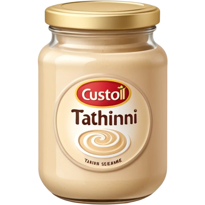 jar of tahini, glass or plastic, beige sesame paste visible, smooth and creamy, glossy surface, dense texture, neutral lid white beige metallic, blank label optional, swirl or overflow of paste, 3D clean style, transparent background emoji