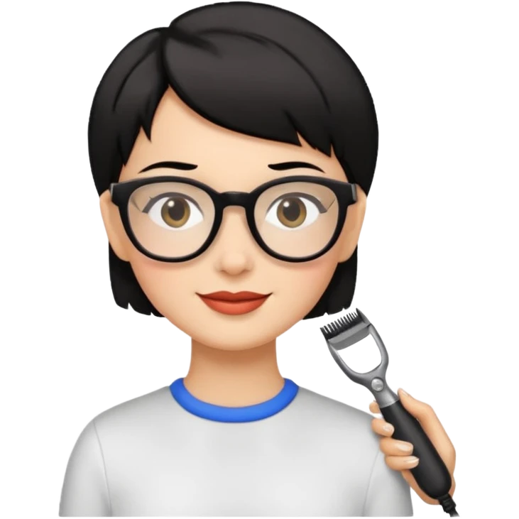 Happy woman with very short hair and glasses having haircut emoji
