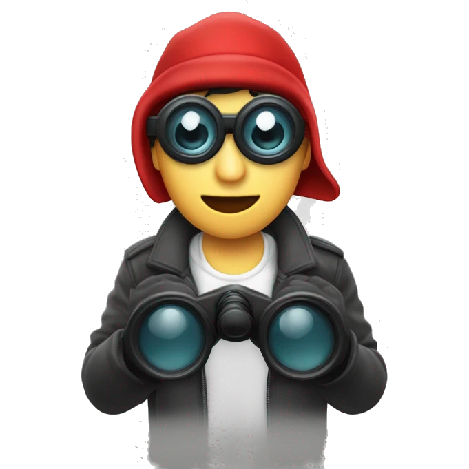Persona blanca con gorro rojo agarrando un binocular con sus manos emoji