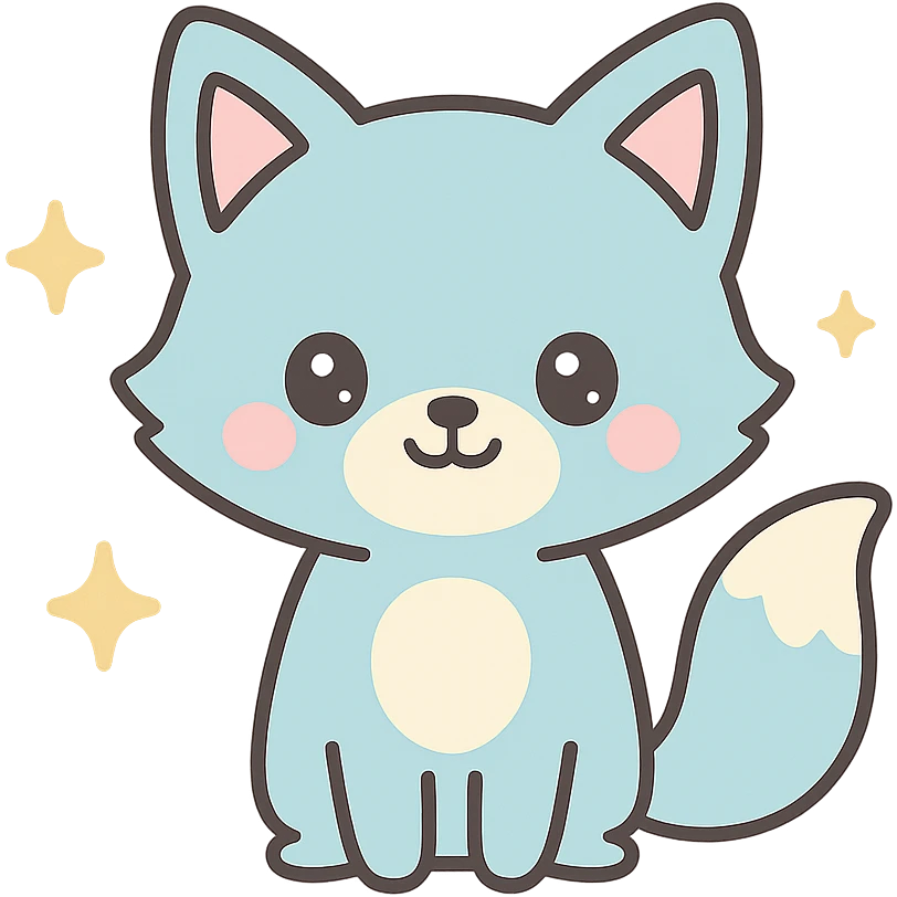 kawaii style blue fox, standing, smiling, sparkles around emoji