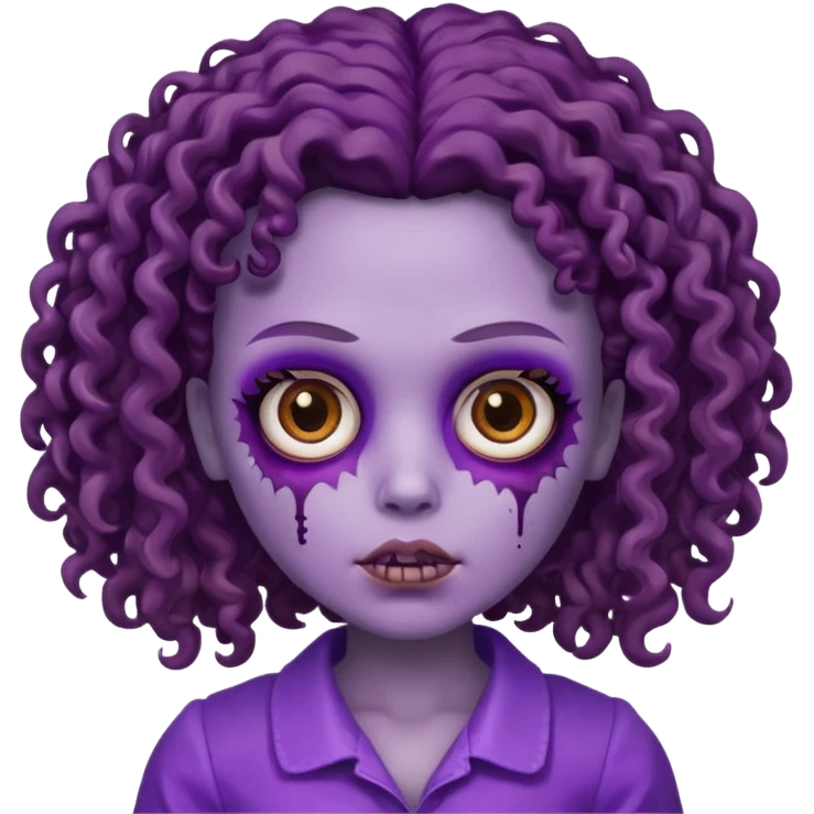 faça uma boneca zumbi com olhos castanhos e cabelo cacheado castanho e a parte de baixo do cabelo roxo emoji