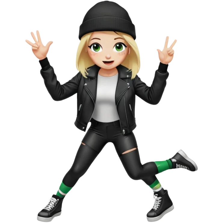 iPhone emoji style girl, blonde hair, black beanie, green eyes, freckles, winking, tongue out. Wearing black leather jacket, black leggings, big boobs, long white socks. Right hand doing "OK" sign. Full body, playful skater vibe, transparent background. Big boobs emoji