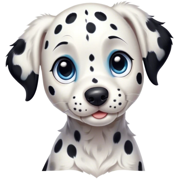 Cinematic Cute Spotted Dalmatian Portrait Emoji, Head tilted playfully and inquisitively, featuring a glossy Fur of predominantly white with dynamic black patches, round, sparkling blue eyes filled with gentle curiosity, Simplified yet irresistibly adorable features, highly detailed, glowing with a warm, friendly glow, high shine, affectionate and gentle, stylized with a touch of whimsy, bright and endearing, soft glowing outline, capturing the essence of a mischievous yet loving pup, so playful it feels like it could lumber out of the screen and into your arms! emoji